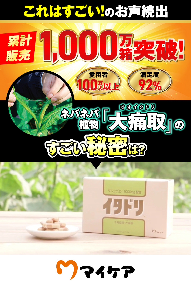 これはすごい!のお声続出　累計販売1,000万箱突破!　愛用者100万人以上　満足度92%　ネバネバ植物「大痛取（オオイタドリ）」のすごい秘密は?　イタドリのパッケージと粒　マイケア