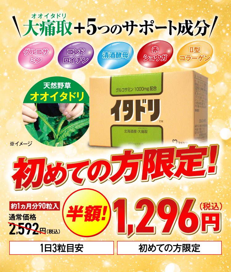大痛取＋5つのサポート成分（グルコサミン・コンドロイチン・清酒酵母・赤ショウガ・Ⅱ型コラーゲン）。初めての方限定！約1ヵ月分90粒入、通常価格2,592円（税込）が半額！1,296円（税込）。1日3粒目安・初めての方限定
