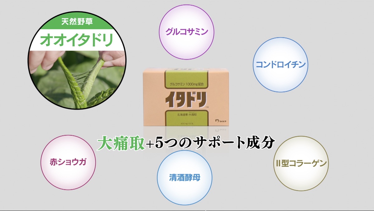 大痛取と5つのサポート成分に囲まれたイタドリのパッケージ